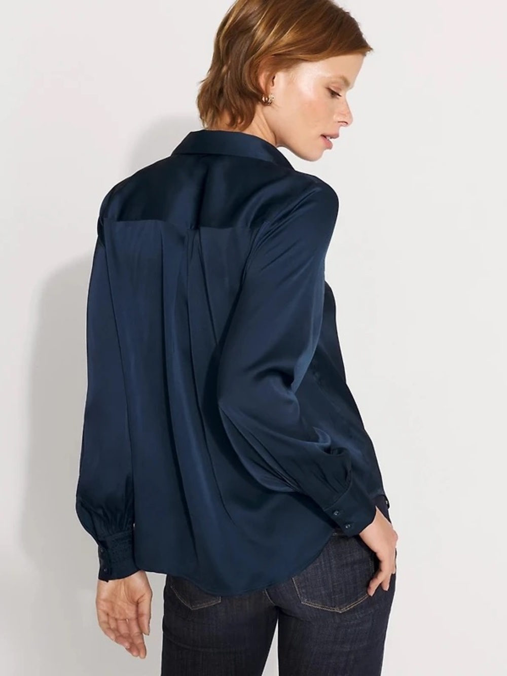 WhiteHouseBlackMarket dark teal Pintuck Long-Sleeve Blouse - Picture 2 of 8